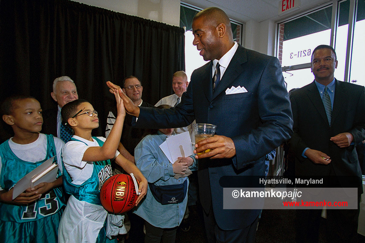 NBA great, Earvin Magic Johnson greeting Hayattsville Elementary students