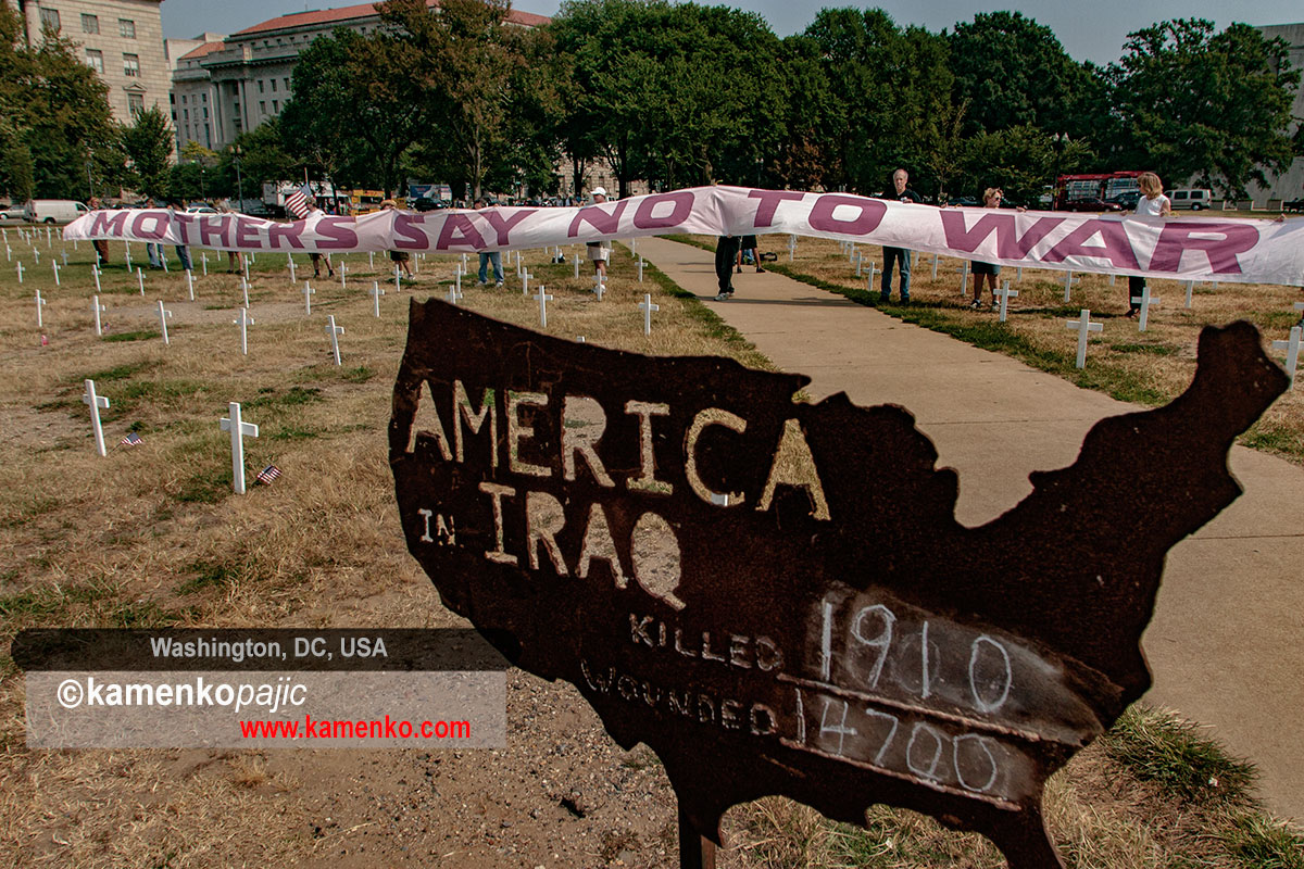 A makeshift cemetery representing soldiers killed in Iraq