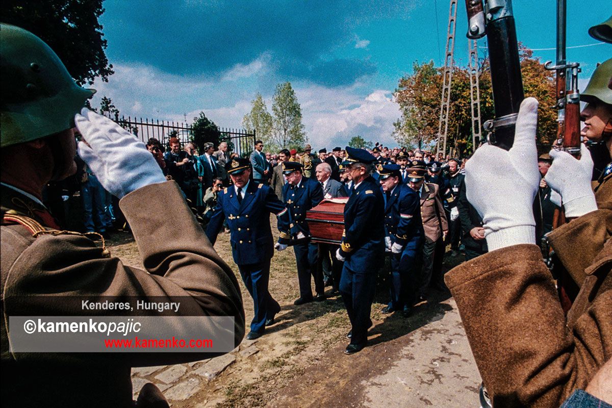 Re-enactors in Naval uniform carry the coffin of Miklós Horthy, Austro-Hungarian admiral and long-time Hungarian ruler on Saturday, September 4, 1993