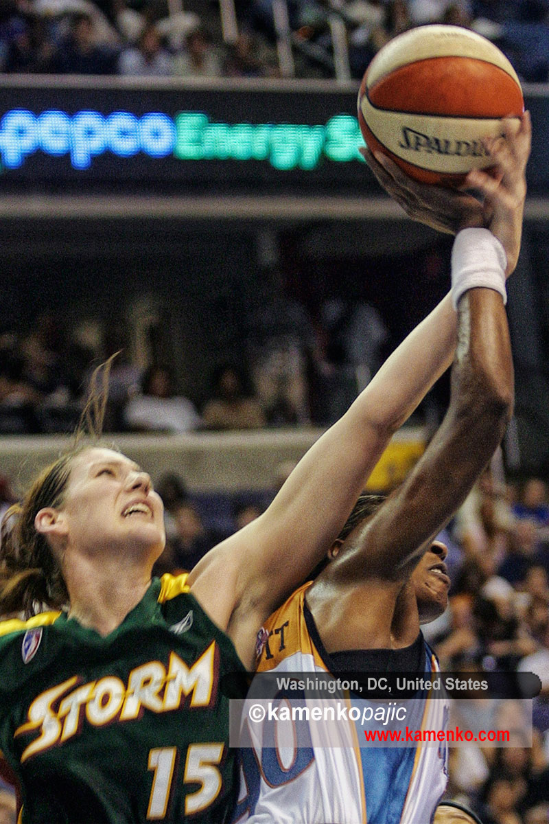 Lauren Jackson(15) of the Seattle Storm goes for a rebound against Vicky Bullett of the Washington Mystics in a WNBA game on July 27, 2002 at the Verizon Center in Washington. Jackson had 25 points and 11 rebounds and Sue Bird added 21 as Seattle overcame Holdsclaw's career-high 32 points in an 80-71 victory over the Mystics.