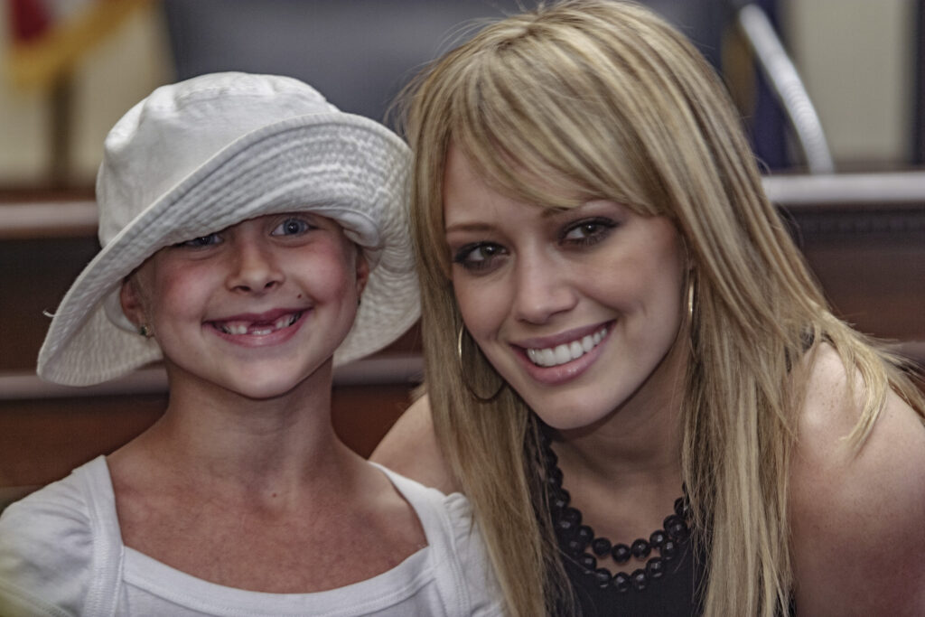 Actress Hilary Duff meets with children during a Capitol Hill visit promoting National Military Families Week in Washington, June 10, 2005.