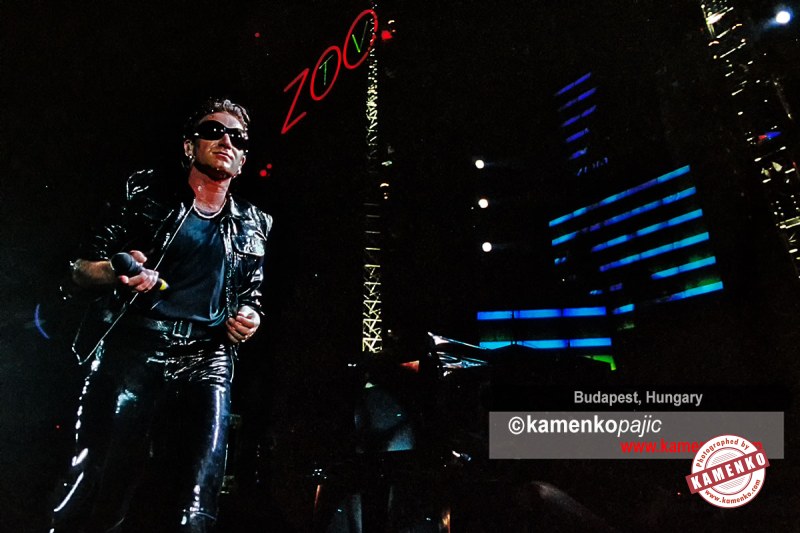 Bono Vox (Paul Hewson) performs during U Zooropa tour at the Népstadion concert on July 23, 1993 in Budapest, Hungary